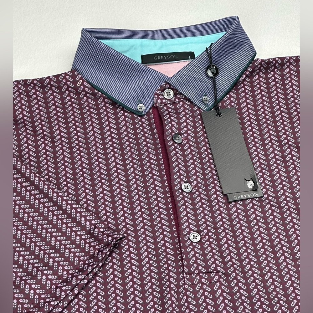 Greyson Men’s Large Featherbone Windflower Burgundy Golf Stretch Polo Shirt NEW